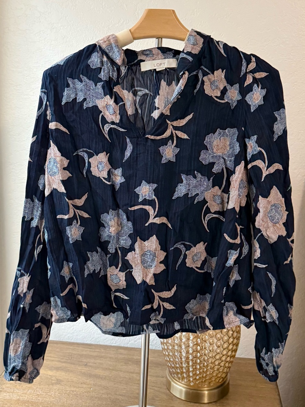 LOFT Navy Floral V-Neck Long-Sleeve Blouse